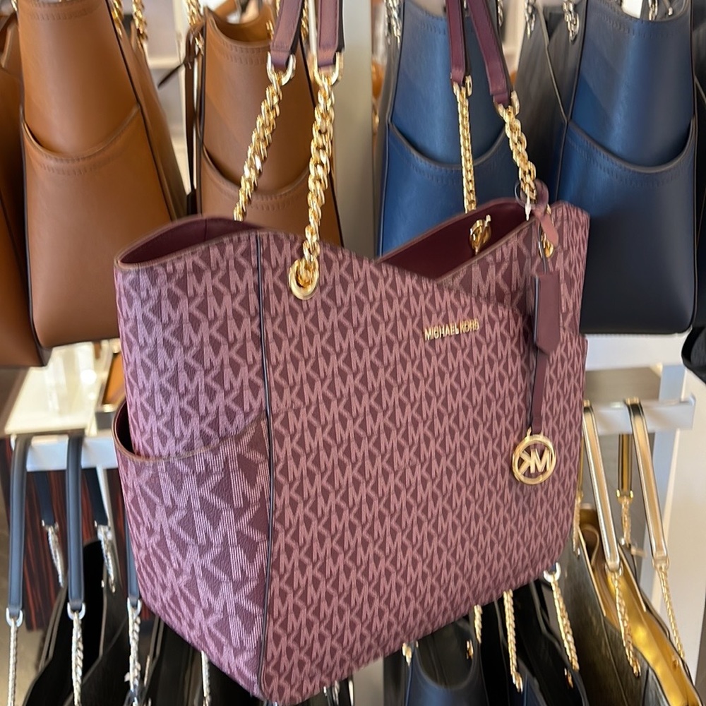 Michael Kors Jet Set Travel Large Chained Tote Shoulder Bag MK Bordeaux Multi - Picture 16 of 16